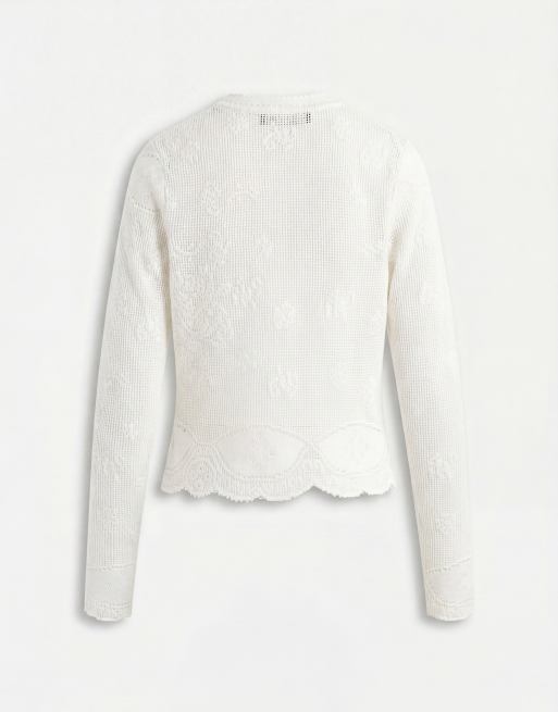 Noughts & Kisses sheer lace long sleeve button up knit top in