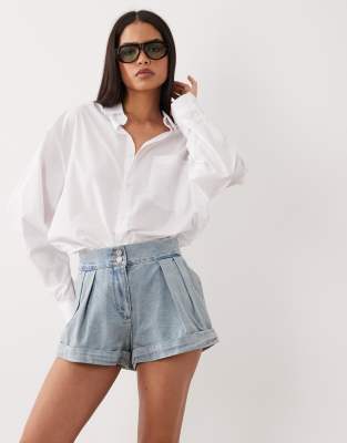 Short en jean plissé avec ourlets à revers - Bleu clair L