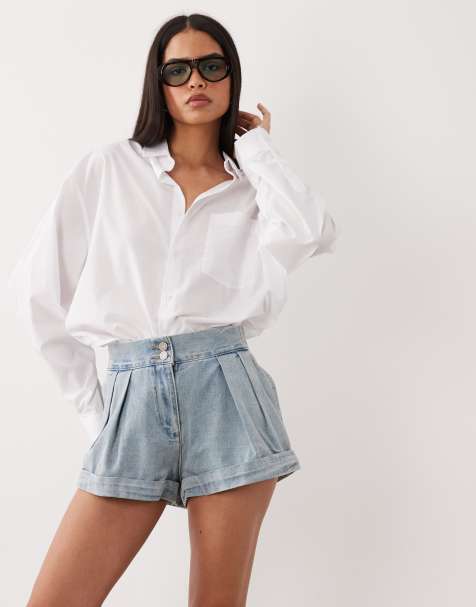 Noughts & Kisses - Short en jean plissé avec ourlets à revers - Bleu clair - view 1