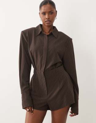 Noughts & Kisses Shoulder Pad Tailored Deep Cuff Romper In Brown