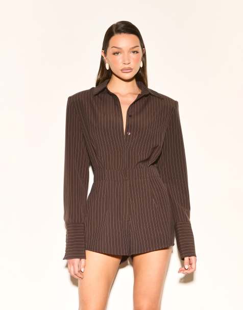Noughts & Kisses shoulder pad tailored deep cuff romper in brown pinstripe - view 1