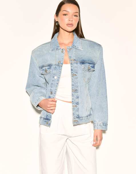 Noughts & Kisses Sianna structured shoulder blue denim jacket in blue - view 1