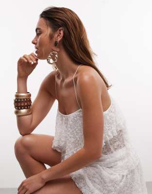 Noughts & Kisses strappy lace tiered ruffle top co-ord in white
