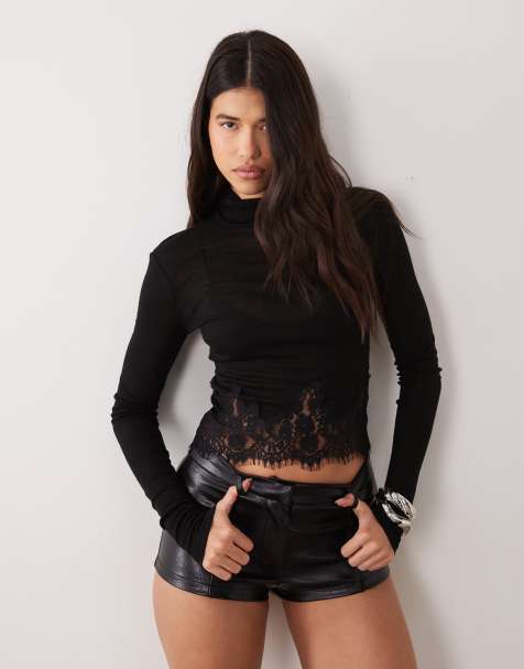 Noughts & Kisses Tala wool feel sheer mesh high neck eyelash-lace trim top in black - view 1