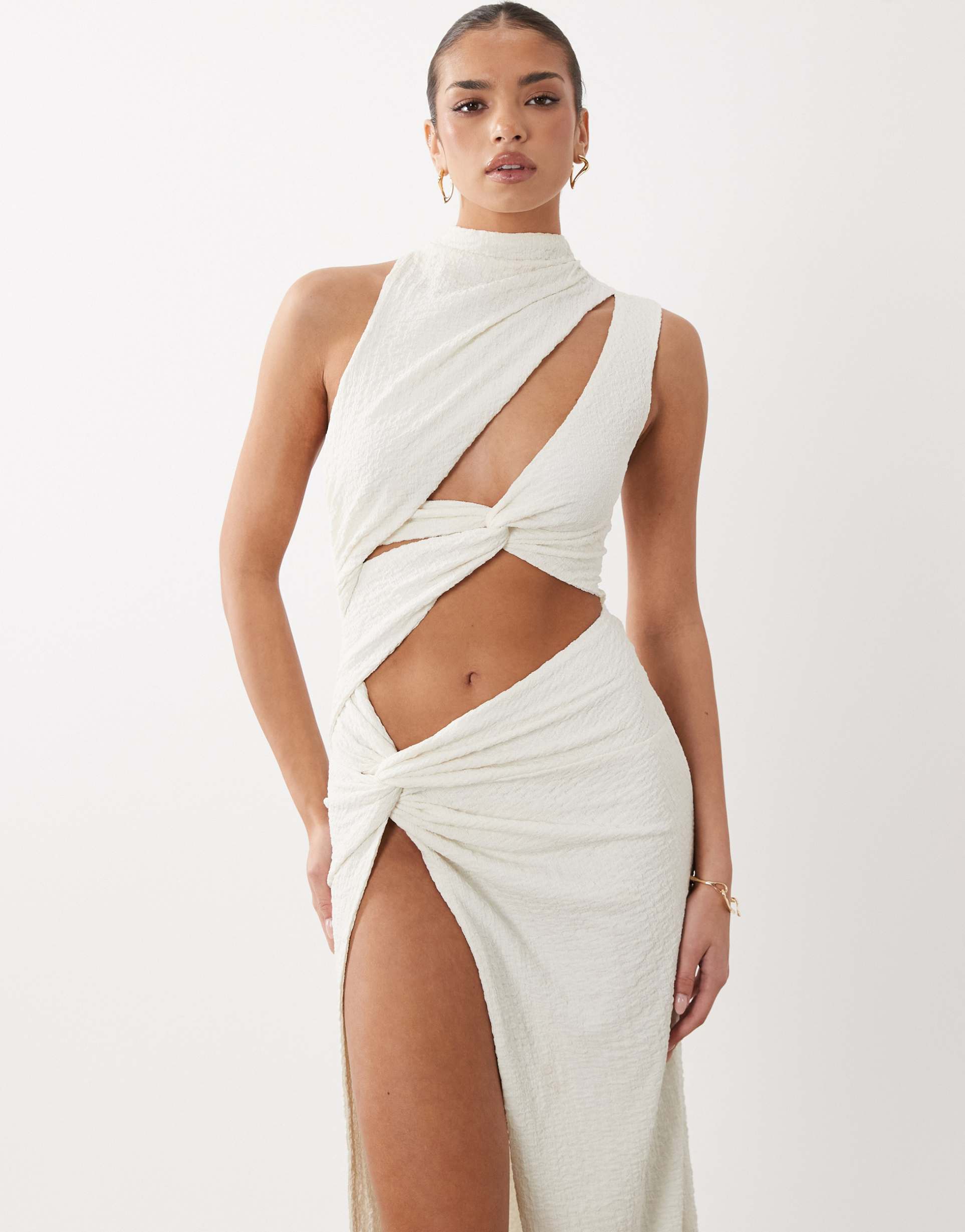 noughts & kisses textured high neck cut-out thigh slit maxi dress in cream