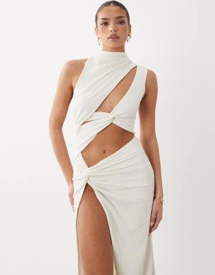 Noughts & Kisses textured high neck cut out thigh split maxi dress in cream
