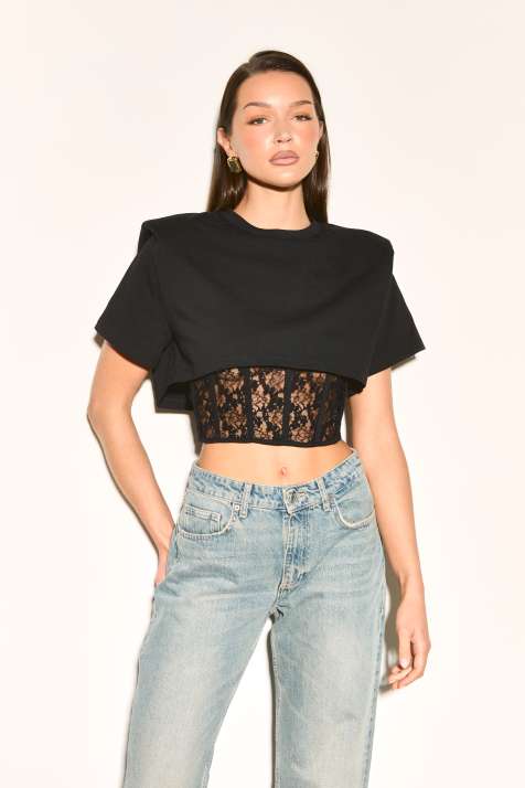 Noughts & Kisses top met kant, gewatteerde schouders en corsetdetail in zwart - view 1