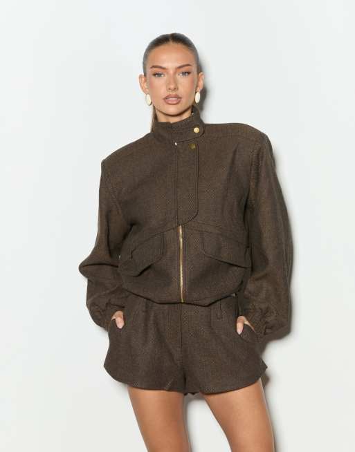 Noughts & Kisses tweed structured pocket detail bomber jacket and tailored shorts co-ord in brown check, 3 of 3
