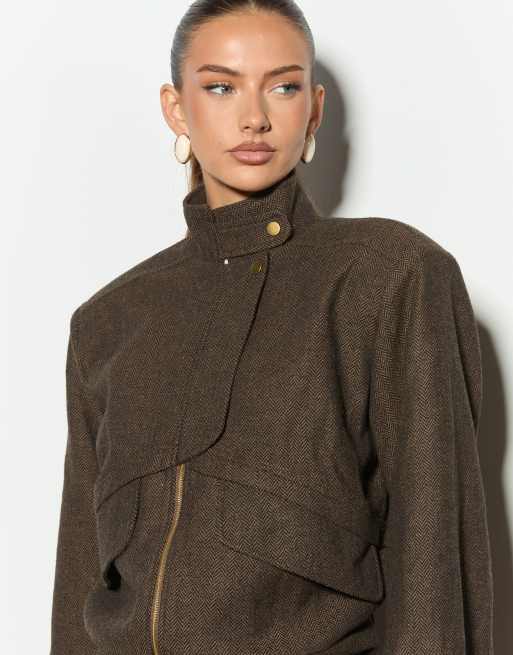 Noughts & Kisses tweed structured pocket detail bomber jacket co-ord in brown check, 2 of 4