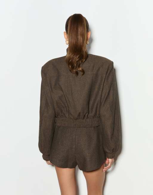 Noughts & Kisses tweed structured pocket detail bomber jacket co-ord in brown check, 4 of 4
