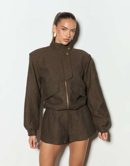 Noughts & Kisses tweed tailored shorts co-ord in brown check, 4 of 4
