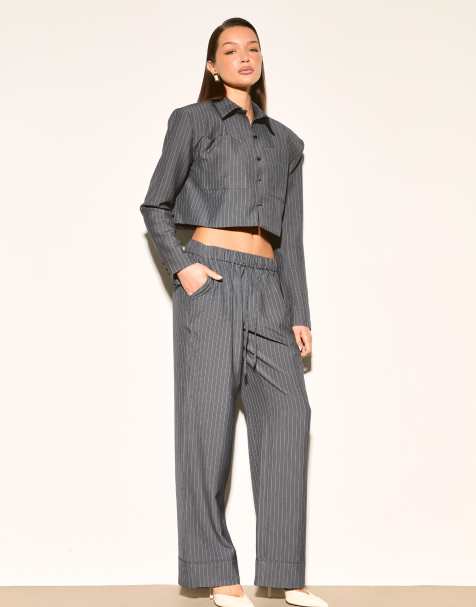 Noughts & Kisses Velora grey pinstripe cropped shirt in grey - view 1