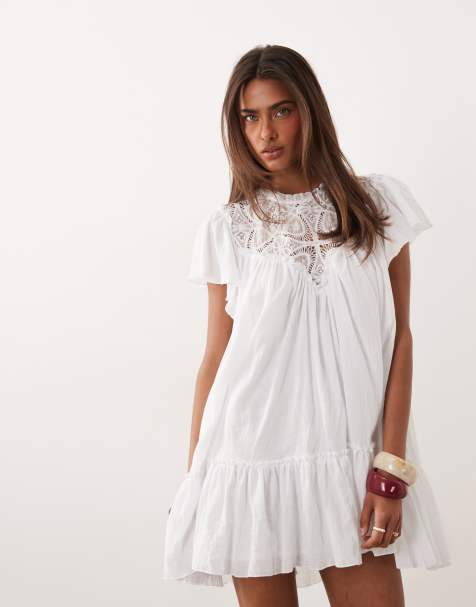 Noughts & Kisses - Vestito corto bianco con fondo sceso, inserto all'uncinetto e maniche con volant - view 1
