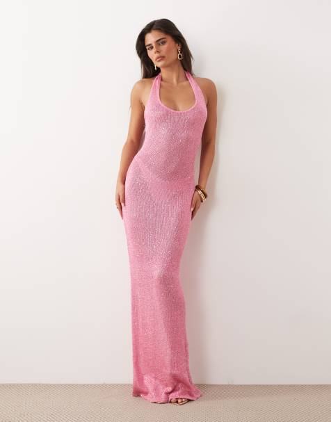 Noughts & Kisses - Vestito lungo allacciato al collo in maglia di misto cotone rosa scintillante - view 1