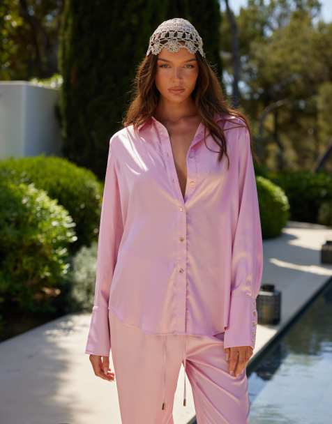 Noughts & Kisses wide cuff satin shirt co-ord in pink - view 1