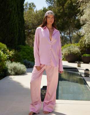 Noughts & Kisses Wide Leg Satin Pants In Pink