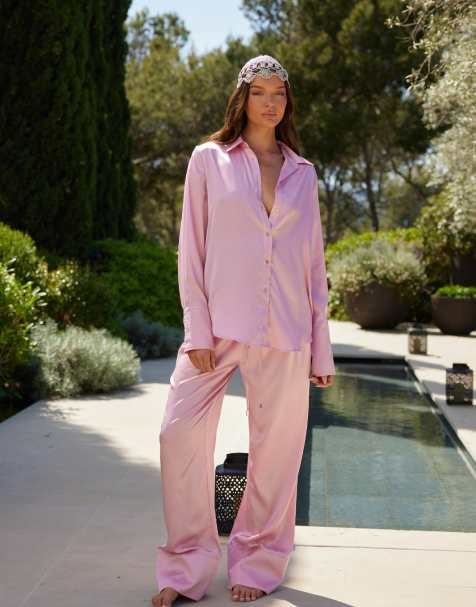 Noughts & Kisses wide leg satin pants in pink (part of a set) - view 1