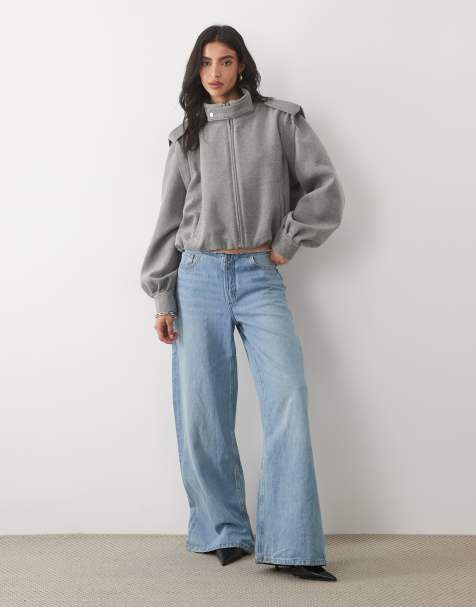 Noughts & Kisses wool blend high neck collar detail jacket in grey - view 1