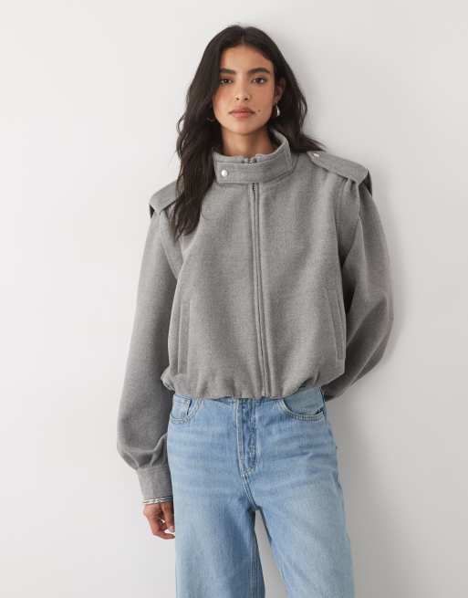 Noughts & Kisses wool blend high neck collar detail jacket in grey, 2 of 4