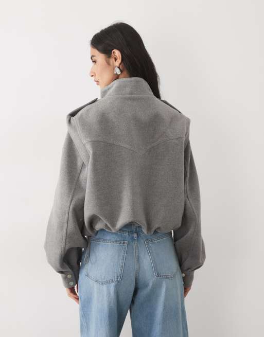 Noughts & Kisses wool blend high neck collar detail jacket in grey, 4 of 4