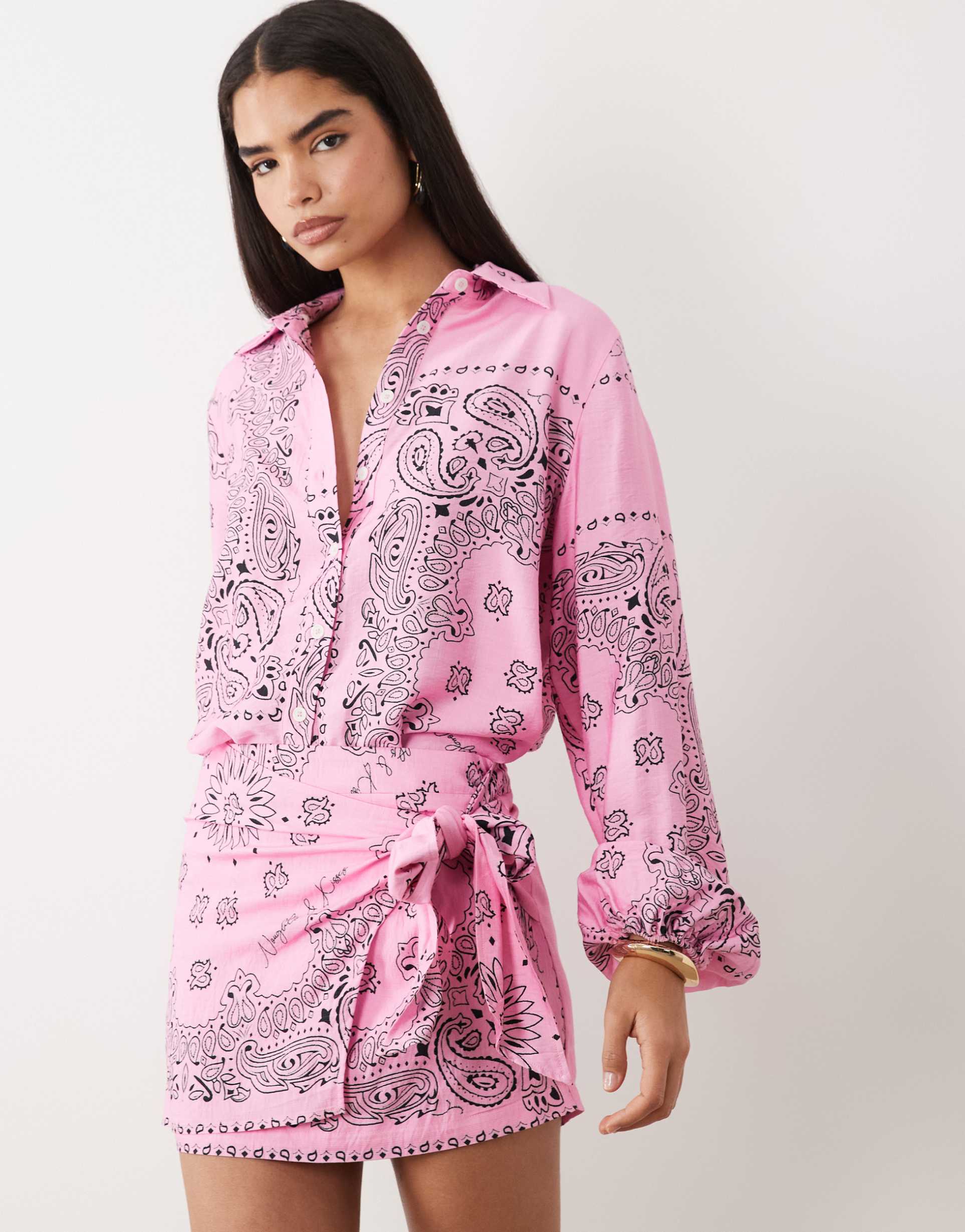 noughts & kisses wrap detail skirt in pink bandana print - part of a set