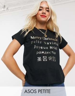 фото Новогодняя футболка с блестящим принтом "merry christmas" asos design petite-черный asos petite