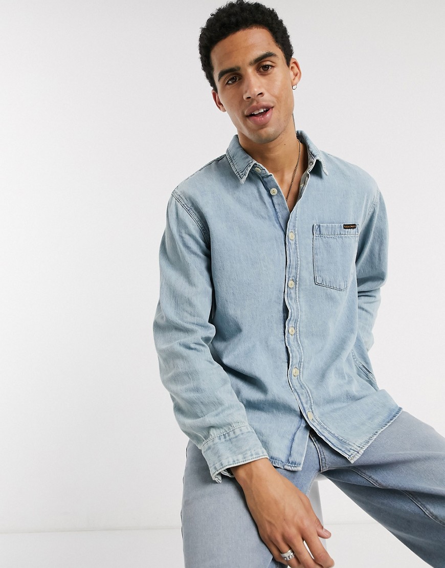 Nudie Jeans Co - Albert - Denim overhemd met enkele zak in lichte wassing-Blauw