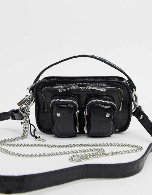 Nunoo Helena leather cross body bag with chain in black croc