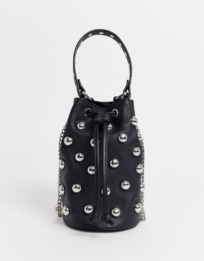 Nunoo Mette Stud Bag with Chain in Black Leather-Pink