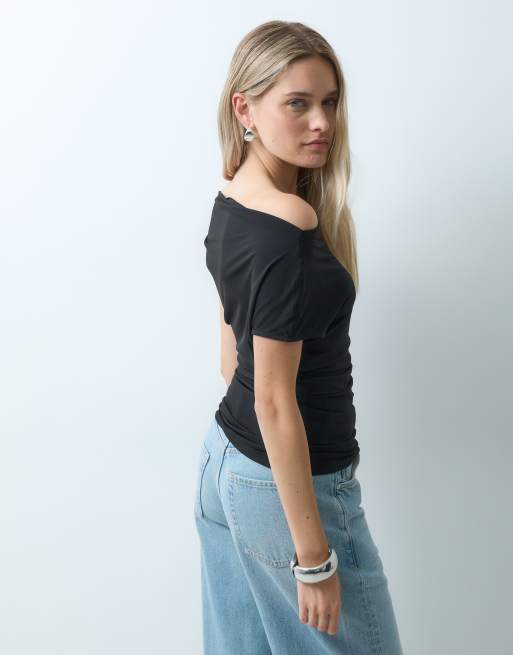 Nur Oberteil mit U-Boot-Ausschnitt und kurzen Ärmeln in Schwarz, 4 von 4