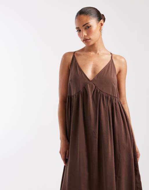 Nur Petite Maxikleid mit V-Ausschnitt in Schokobraun, 3 von 4