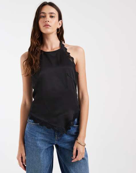 Nur Satin-Top mit Spitzenbesatz und Neckholder in Schwarz - view 1