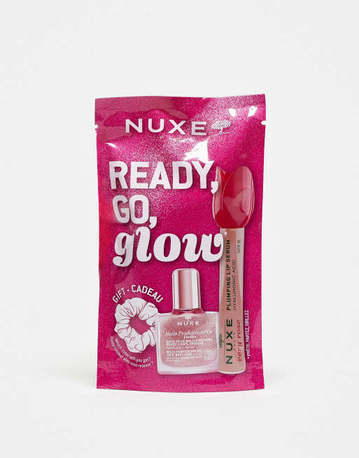 Nuxe – Ready, Go, Glow Set – Set med skönhetsprodukter och hårsnodd – Pink