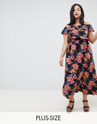 Floral Bardot Maxi Dress With Frill Detail-Black