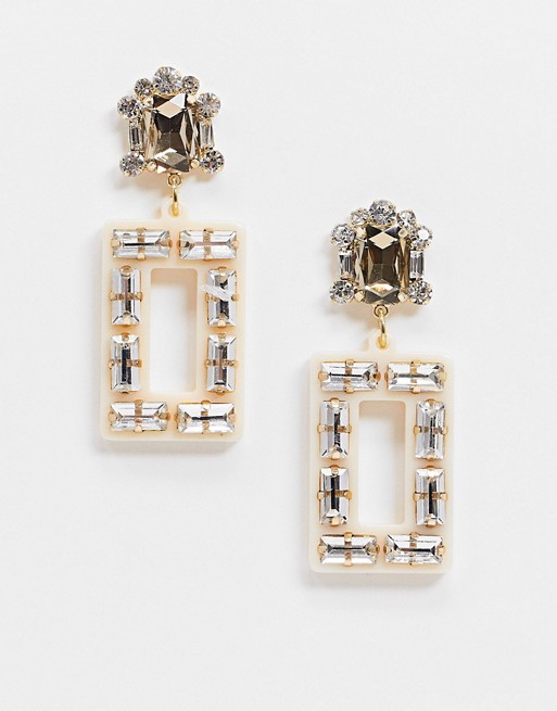 Nylon diamante rectangle drop down earrings in beige