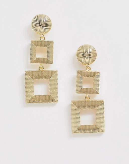Nylon drop down square gold earrings