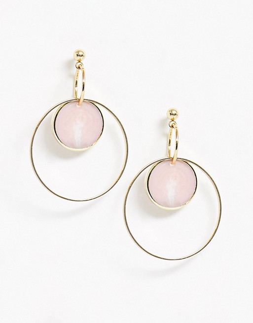 Nylon gold drop down hoops with pink pendant