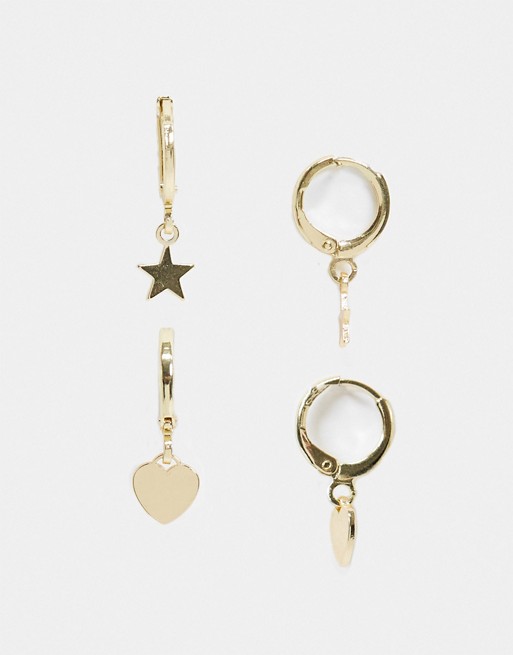 Nylon heart and star charm multipack earrings in gold