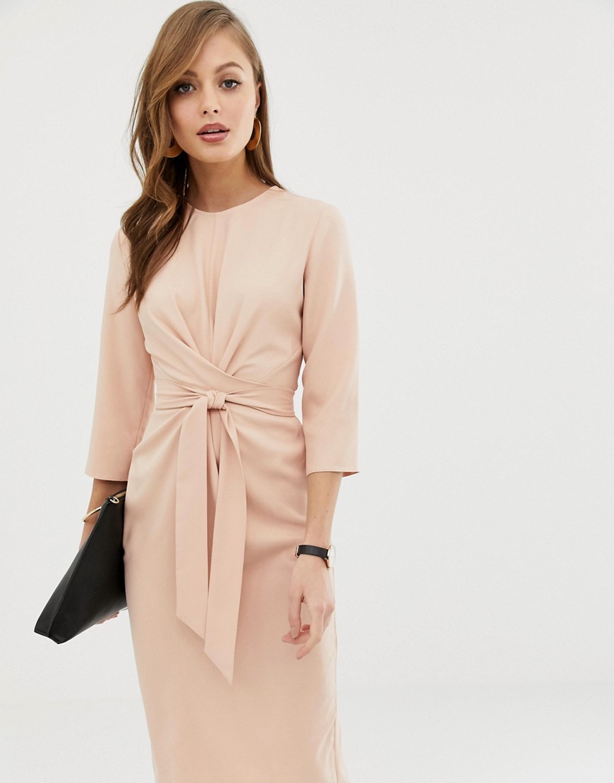 Нюдовое платье миди с запахом и завязками ASOS DESIGN-Розовый цвет
