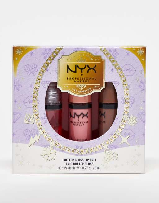 NYX Professional Makeup – Butter Gloss Trio – Zestaw podarunkowy z trzema błyszczykami do ust – Sugar Glass, Creme Brulee i Cinnamon Roll – W zestawie 13% taniej