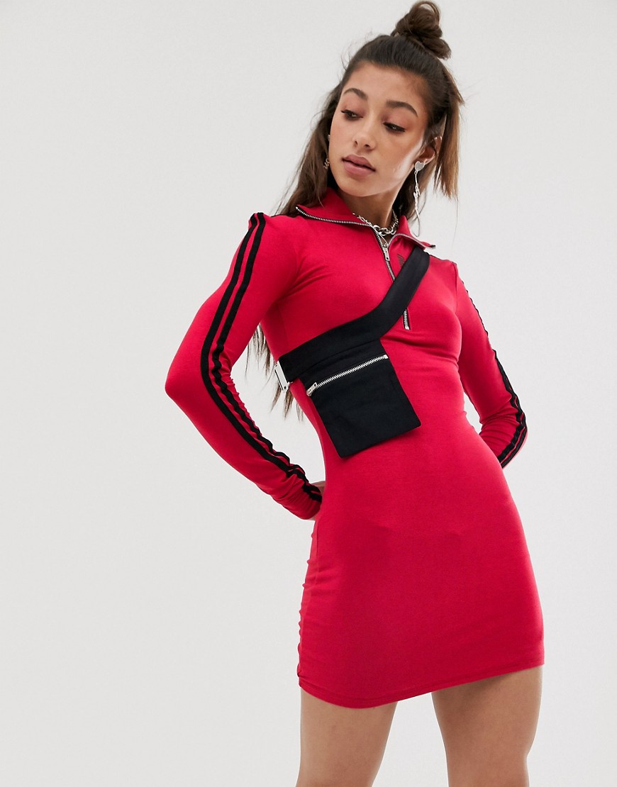 O Mighty bodycon dress with half zip and buckle belt detail-Red