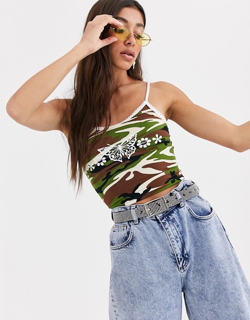 O Mighty cami crop top in camo with butterfly print
