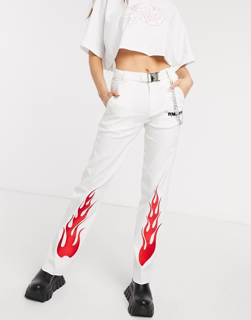 O Mighty cargo trousers with flame print and chain belt detail