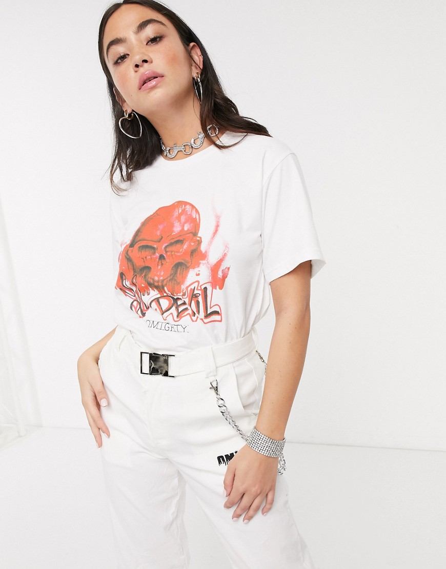 O Mighty fitted t-shirt with lil devil skull print & logo-White