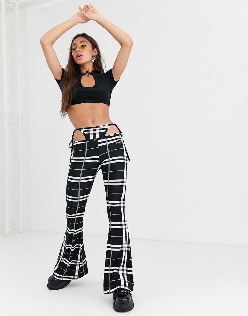 O Mighty g-string flare trousers in check with embroidered logo-Black