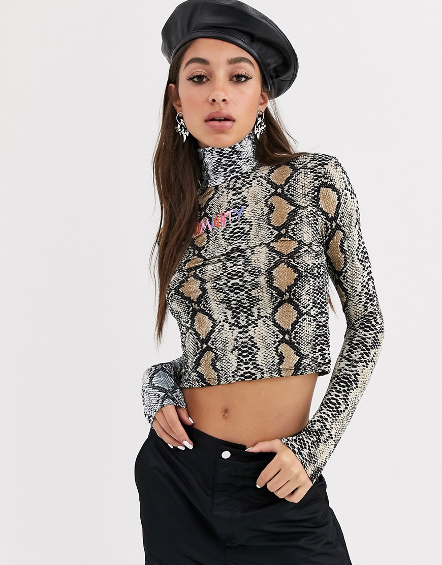 O Mighty long sleeve turtle neck top in mixed animal print with embroidered logo-Multi
