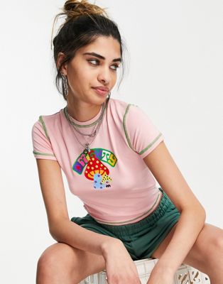 O Mighty mini crop t-shirt with mushroom graphic and exposed seams in pink