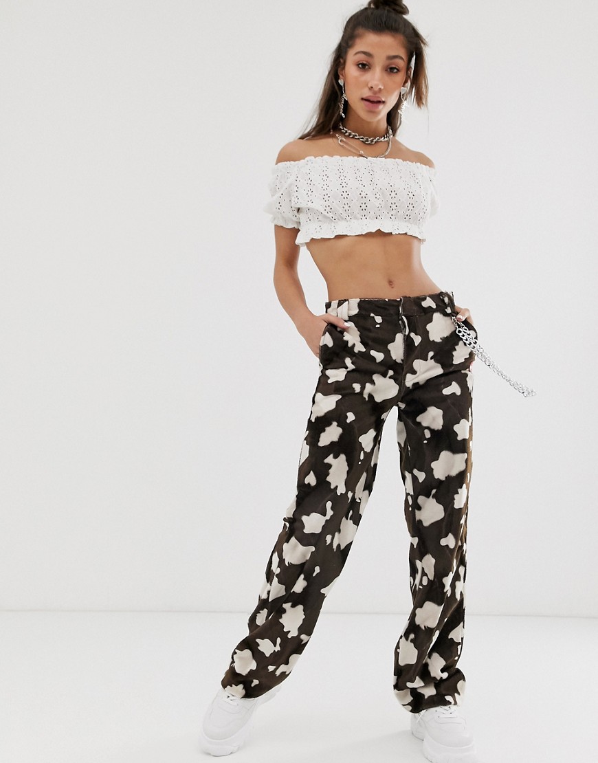 O Mighty relaxed pants in faux fur cow print with chain detail-Brown