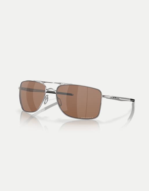 Oakley Gauge 8 rectangle polarised sunglasses with brown mirrored lens in polished chrome, 3 of 4