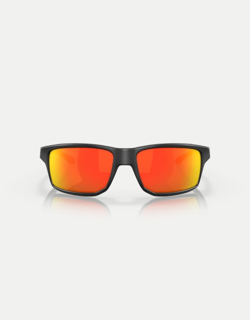 Oakley Gibston rectangle polarised sunglasses with orange mirrored lens in black ink, 2 of 3
